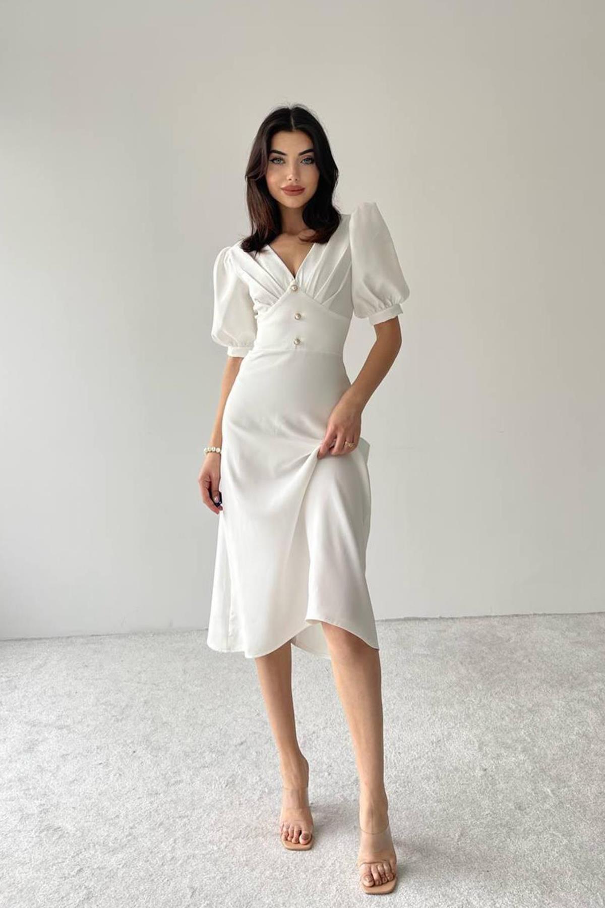 BALON KOL ÖNÜ DÜĞME DETAY MİDİ BOY ELBİSE BEYAZ