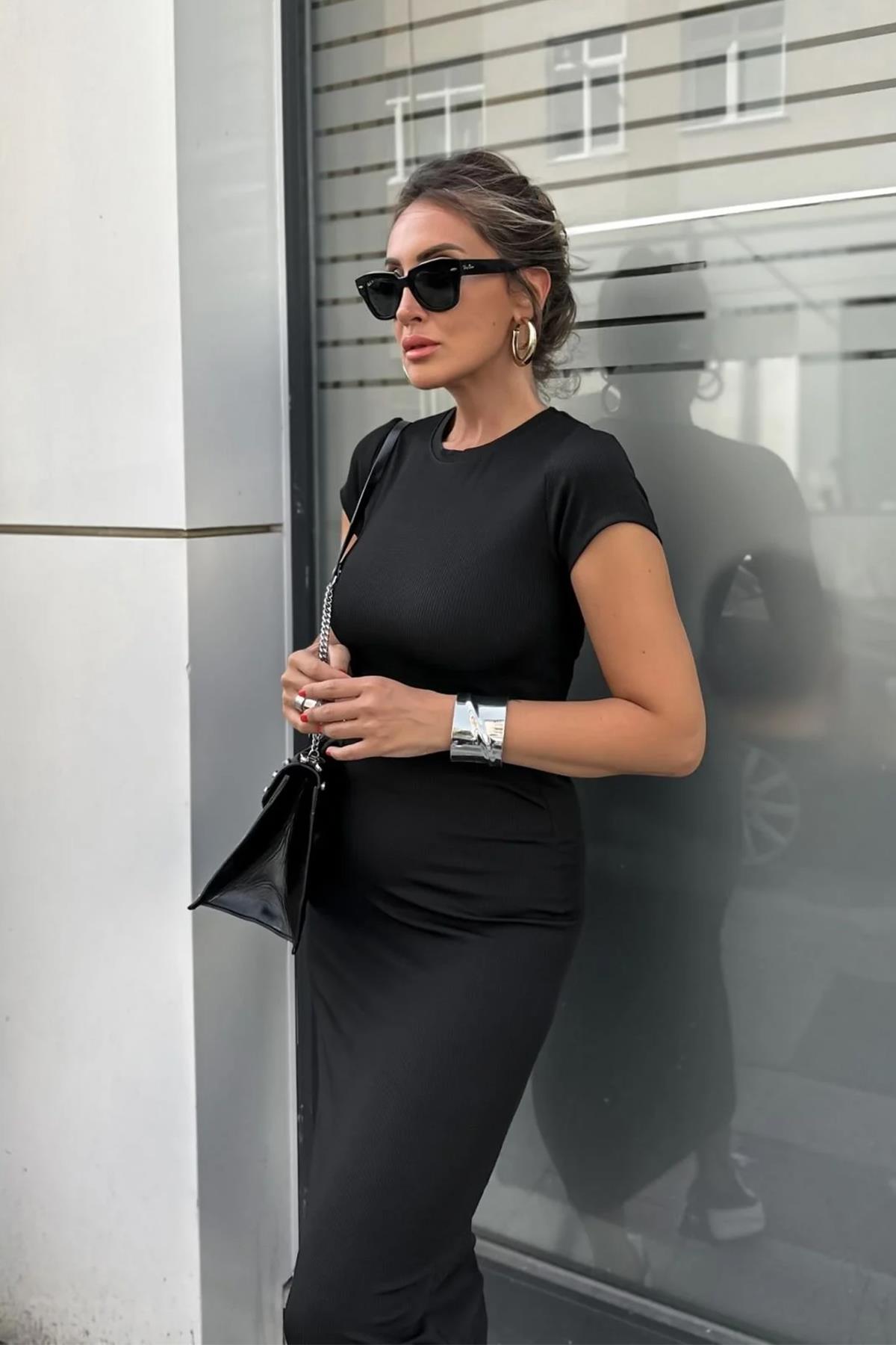 BİSİKLET YAKA KISA KOLLU MAXİ BOY ELBİSE SİYAH