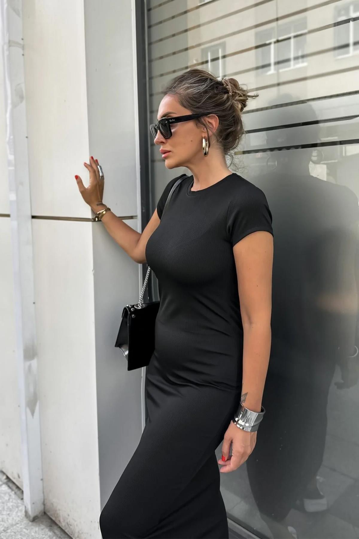 BİSİKLET YAKA KISA KOLLU MAXİ BOY ELBİSE SİYAH