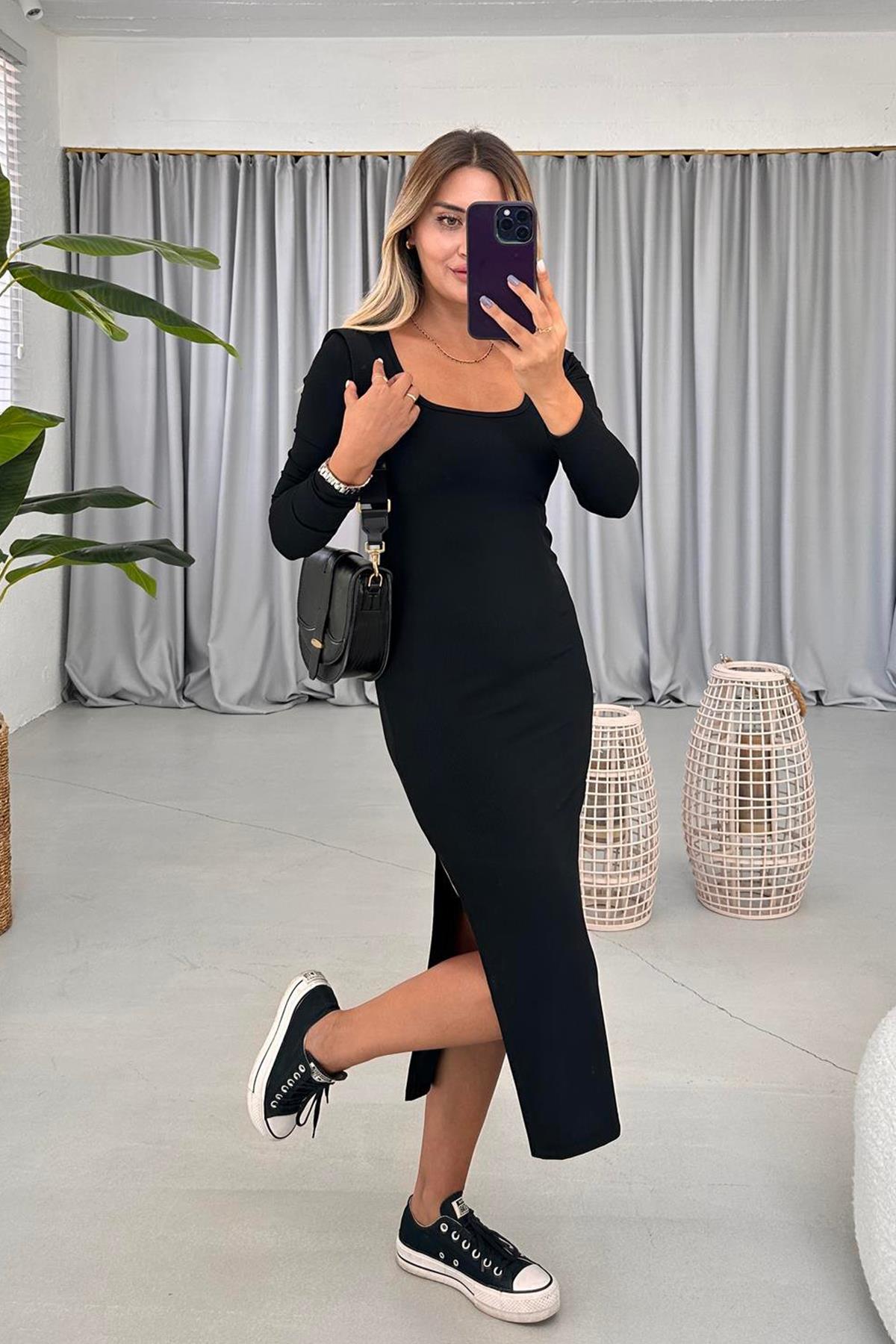 LYCRA-MIDIKLEID MIT RUNDHALS