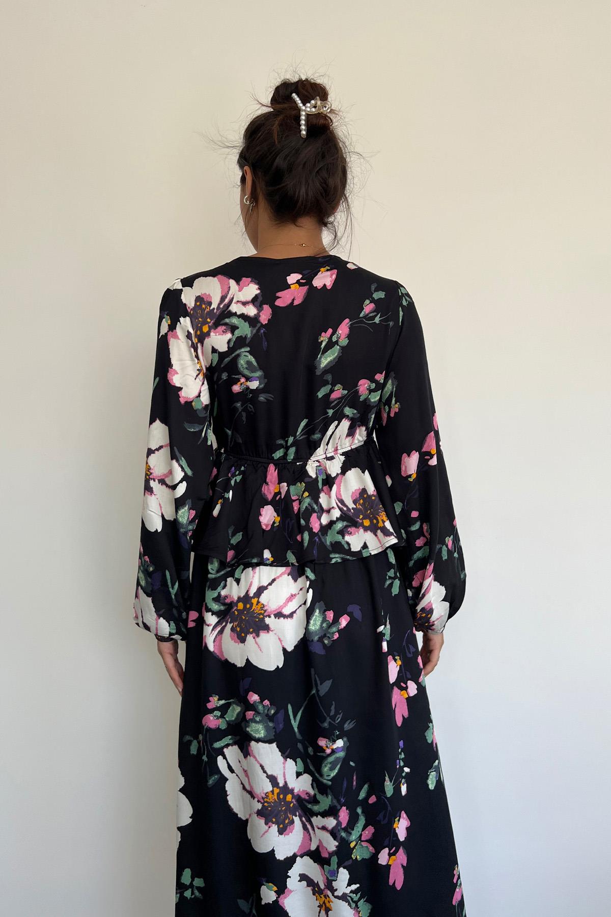 Çiçek ve Yaprak Desenli Uzun Kollu Elbise SİYAH