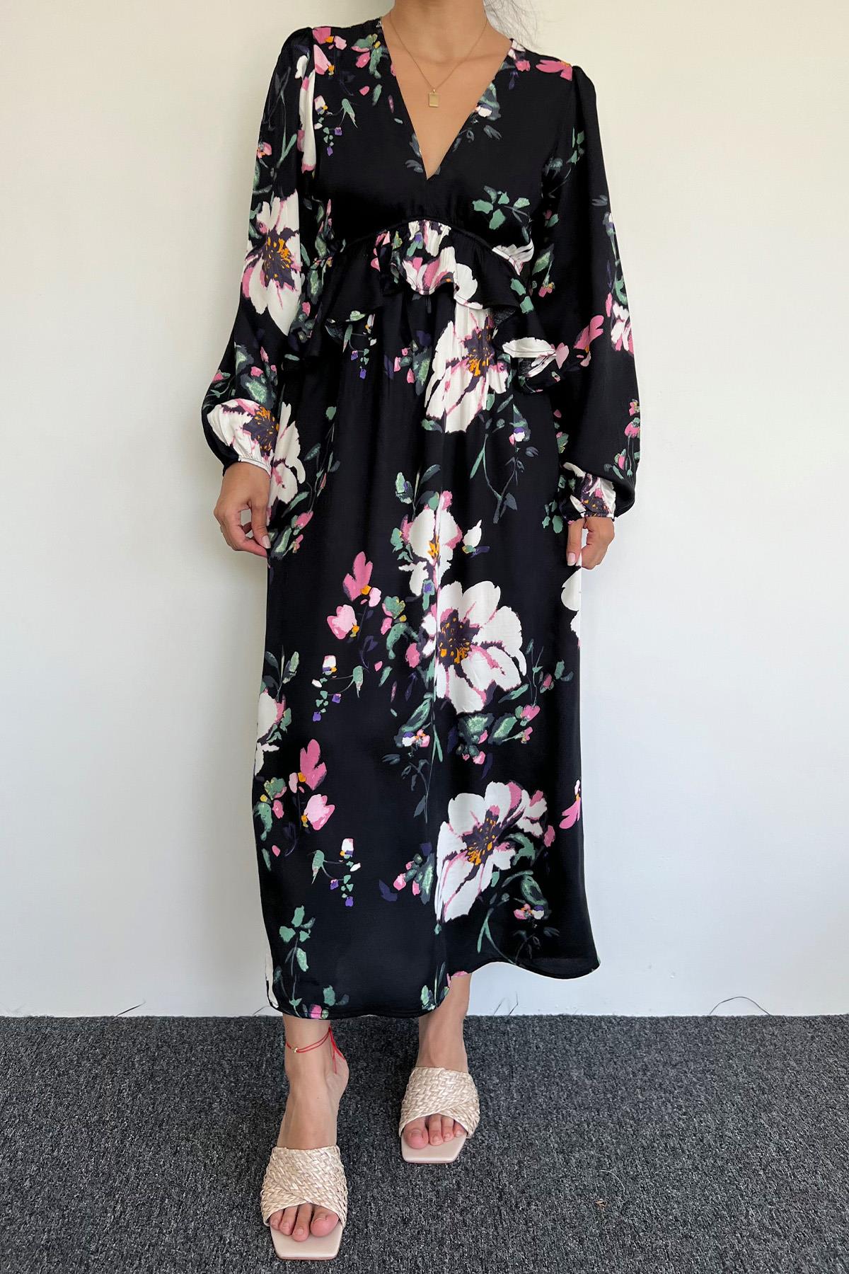 Çiçek ve Yaprak Desenli Uzun Kollu Elbise SİYAH