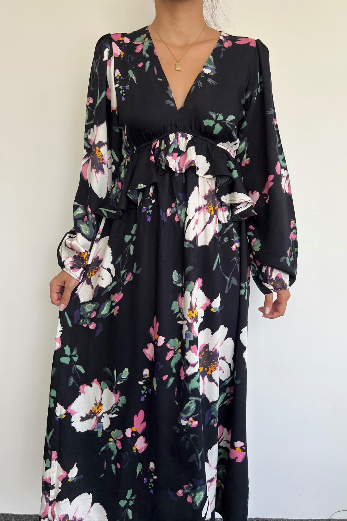 Çiçek ve Yaprak Desenli Uzun Kollu Elbise SİYAH