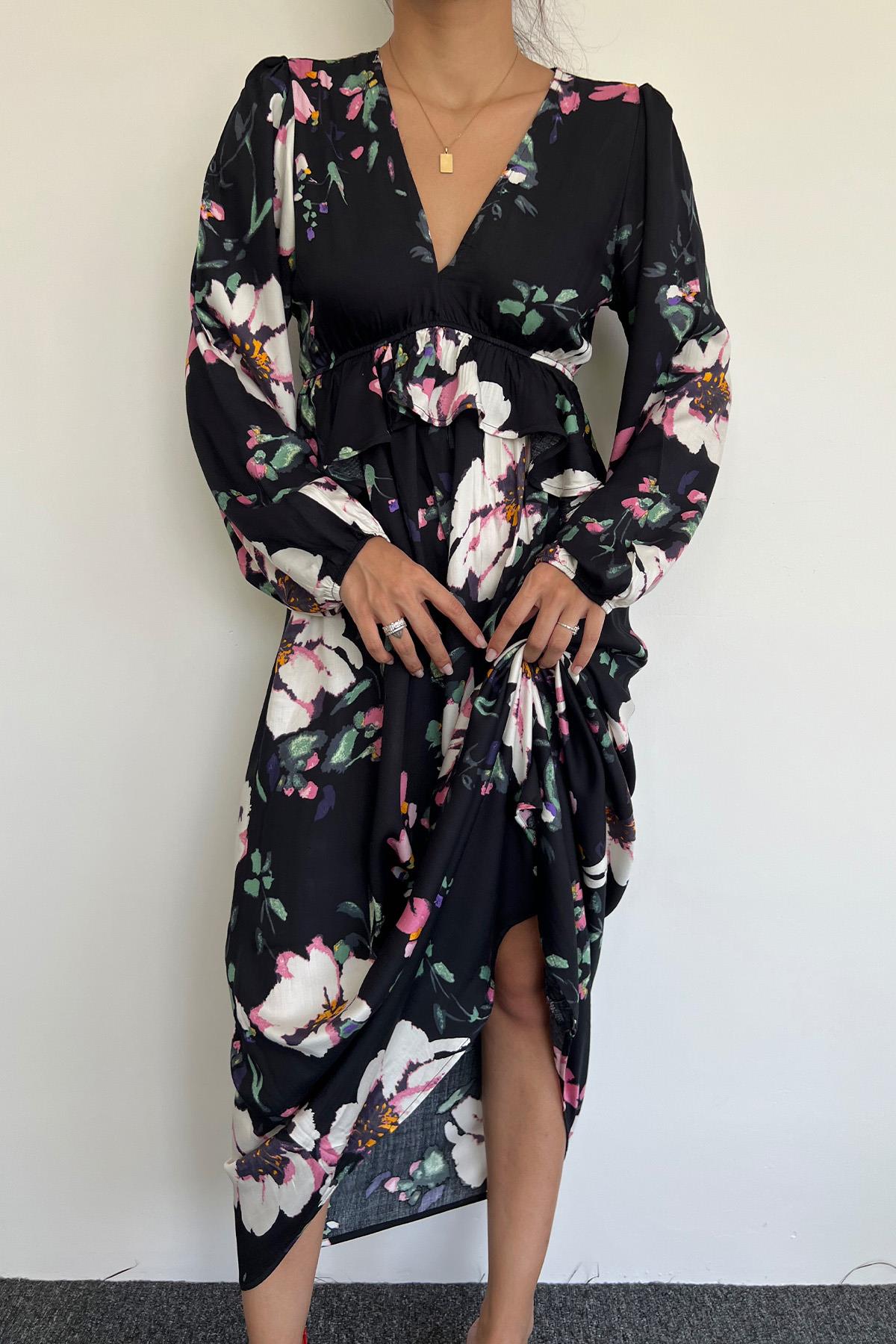 Çiçek ve Yaprak Desenli Uzun Kollu Elbise SİYAH