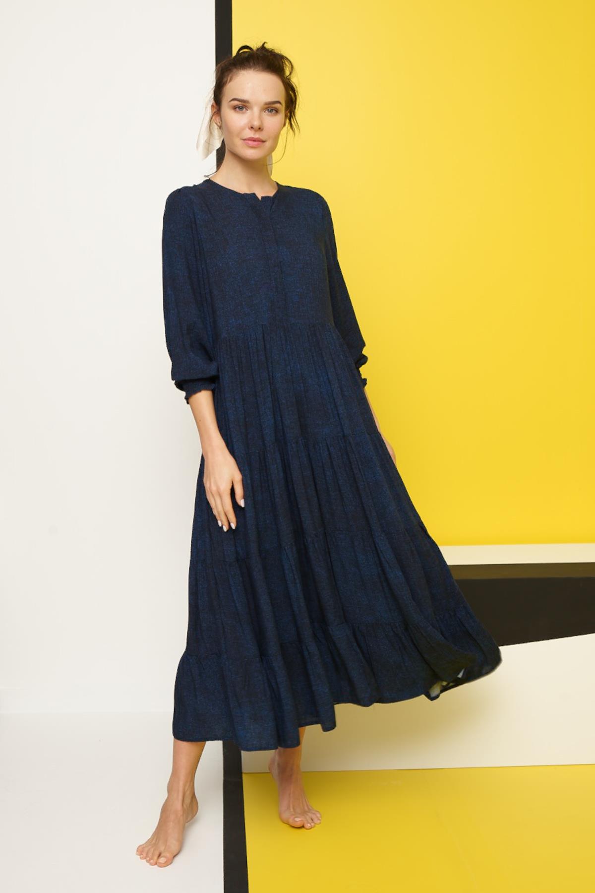 Desenli Önü Düğmeli Dökümlü Truvakar Kollu Elbise LACİVERT