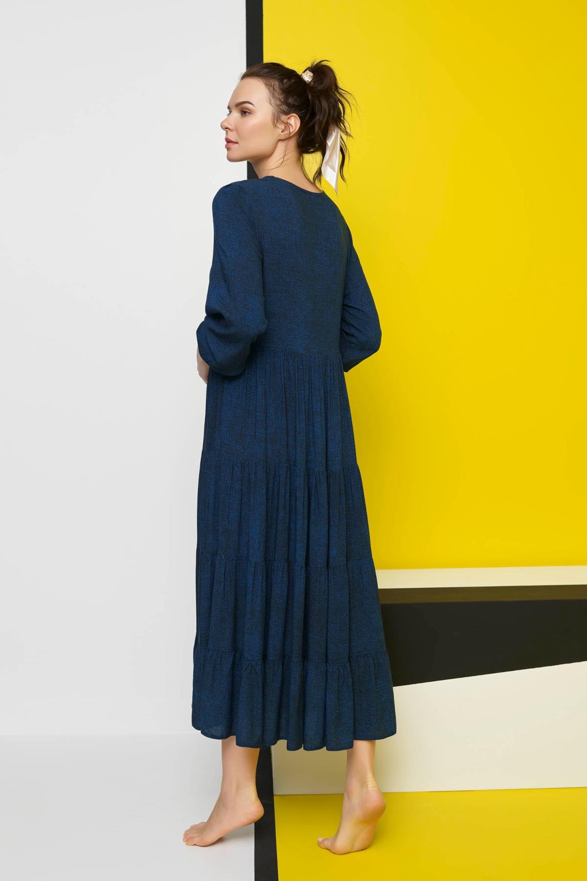 Desenli Önü Düğmeli Dökümlü Truvakar Kollu Elbise LACİVERT