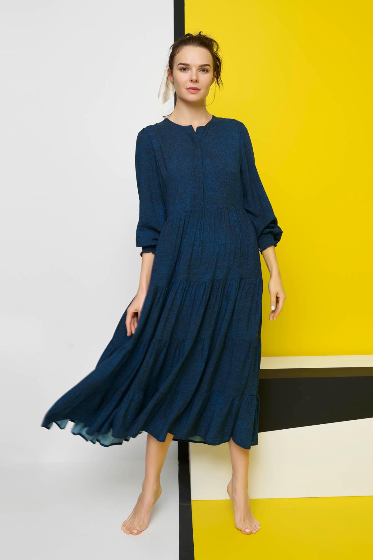 Desenli Önü Düğmeli Dökümlü Truvakar Kollu Elbise LACİVERT