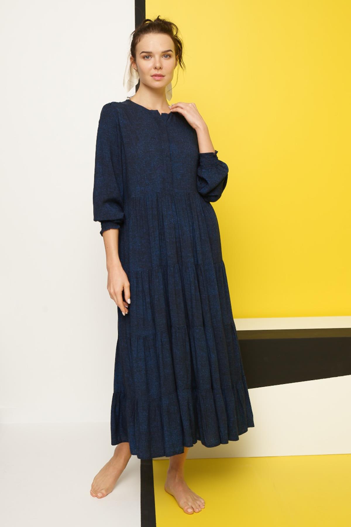 Desenli Önü Düğmeli Dökümlü Truvakar Kollu Elbise LACİVERT