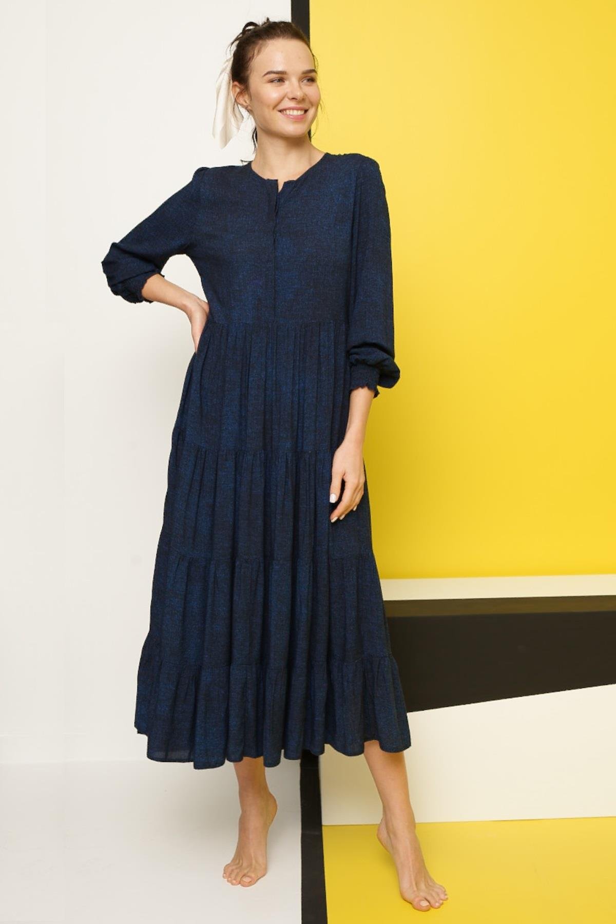 Desenli Önü Düğmeli Dökümlü Truvakar Kollu Elbise LACİVERT