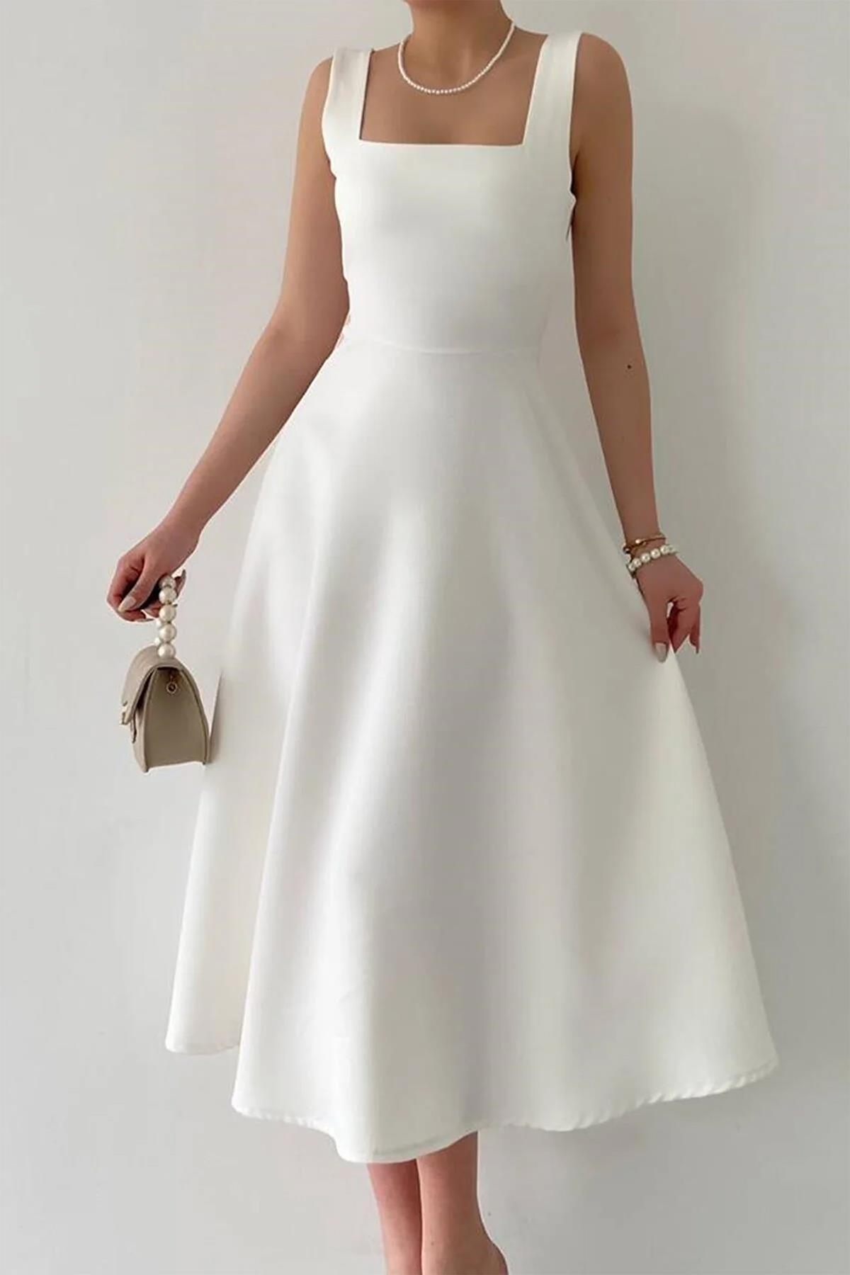 LORA KARE YAKA KALIN ASKI TASARIM MİDİ BOY ELBİSE BEYAZ