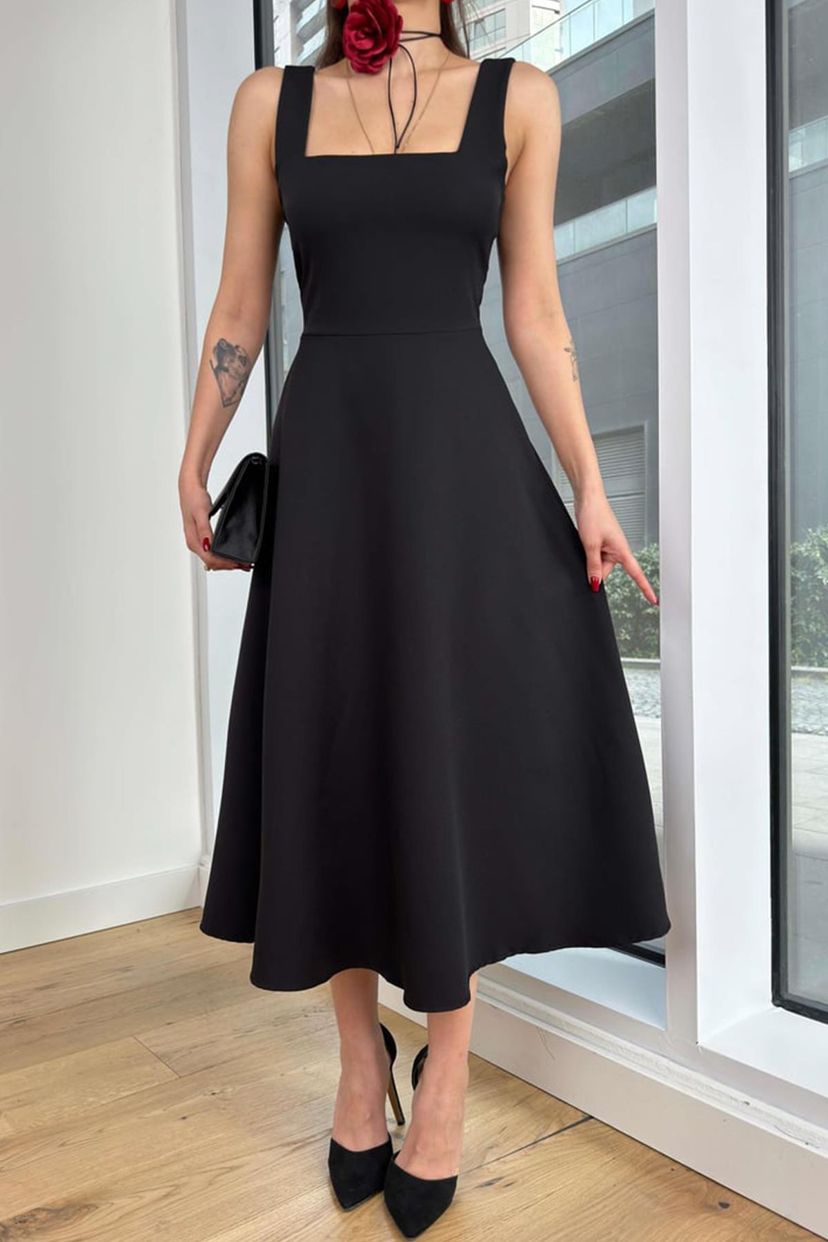 LORA KARE YAKA KALIN ASKI TASARIM MİDİ BOY ELBİSE SİYAH