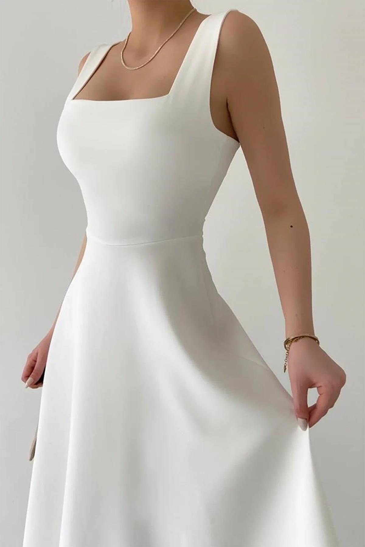 LORA KARE YAKA KALIN ASKI TASARIM MİDİ BOY ELBİSE BEYAZ