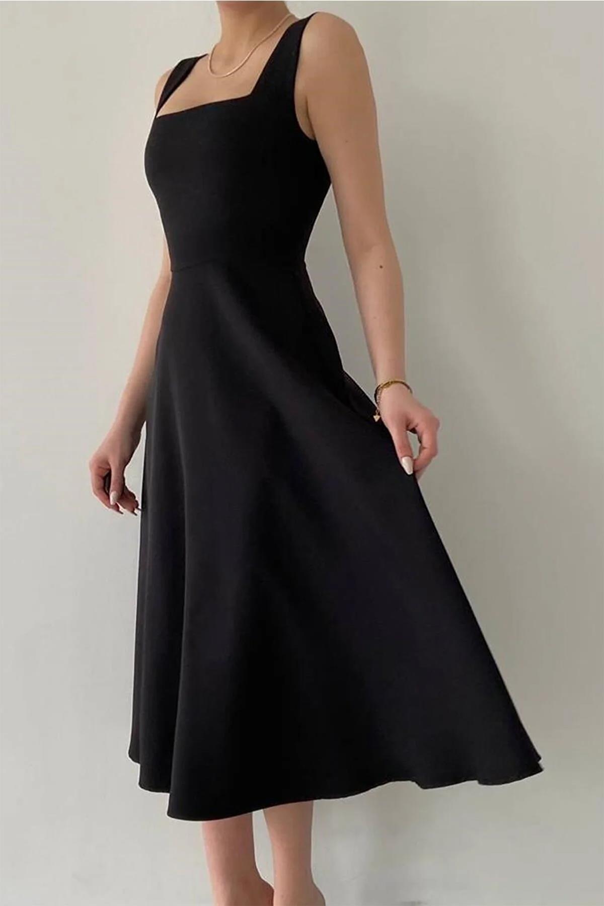 LORA KARE YAKA KALIN ASKI TASARIM MİDİ BOY ELBİSE SİYAH