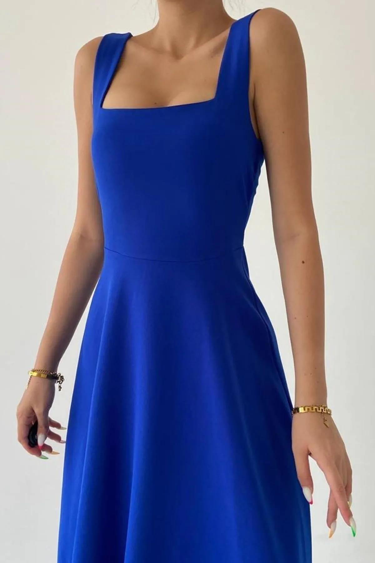 LORA KARE YAKA KALIN ASKI TASARIM MİDİ BOY ELBİSE SAKS