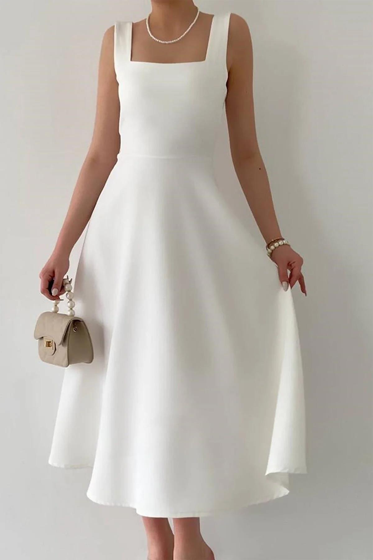 LORA KARE YAKA KALIN ASKI TASARIM MİDİ BOY ELBİSE BEYAZ