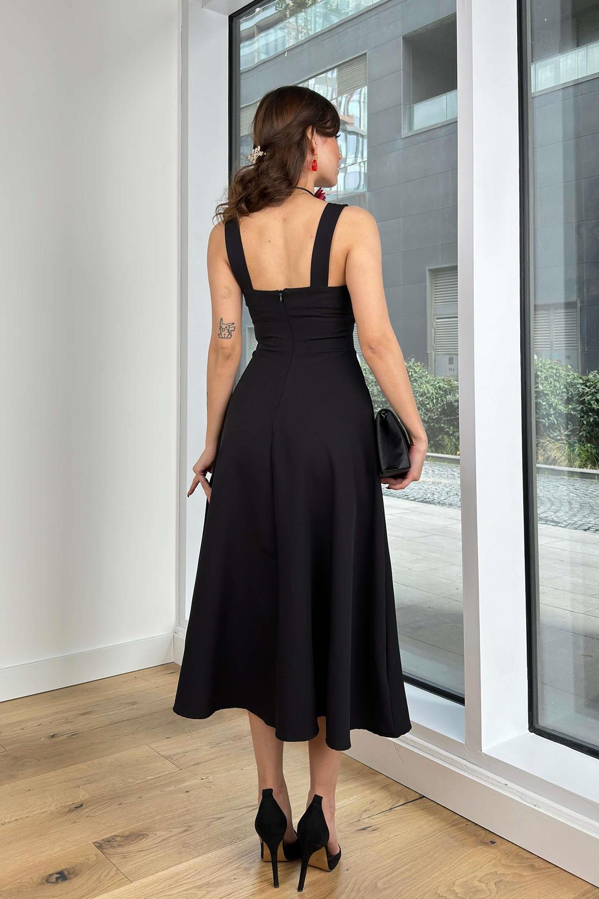 LORA KARE YAKA KALIN ASKI TASARIM MİDİ BOY ELBİSE SİYAH