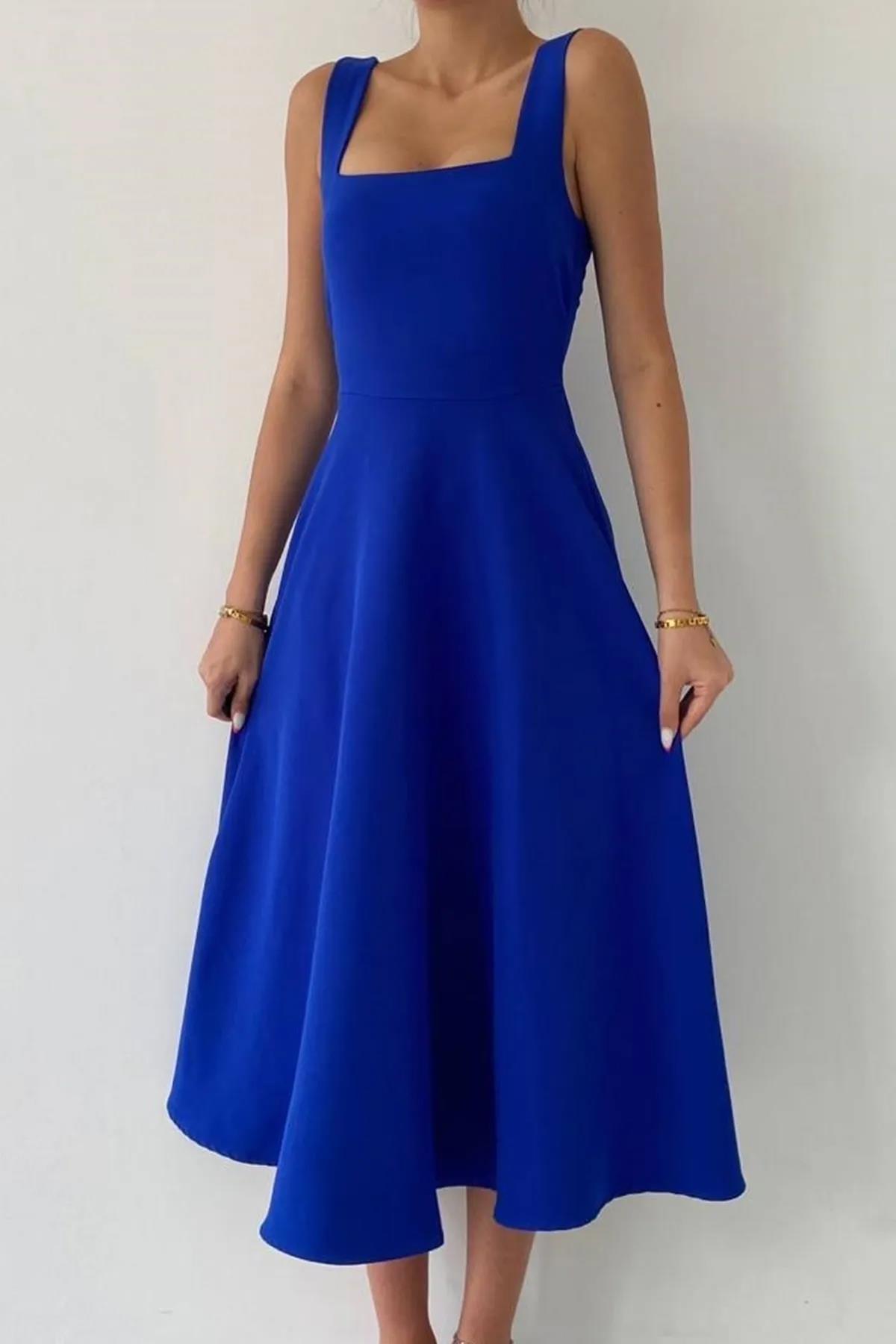 LORA KARE YAKA KALIN ASKI TASARIM MİDİ BOY ELBİSE SAKS