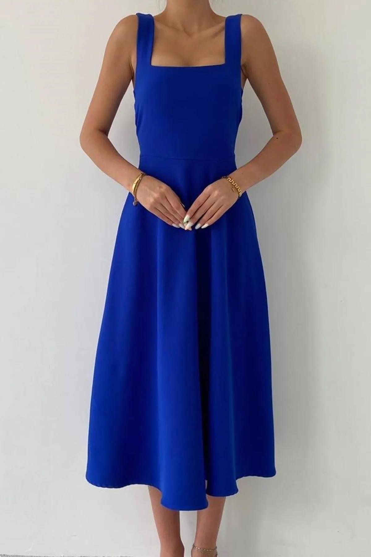 LORA KARE YAKA KALIN ASKI TASARIM MİDİ BOY ELBİSE SAKS