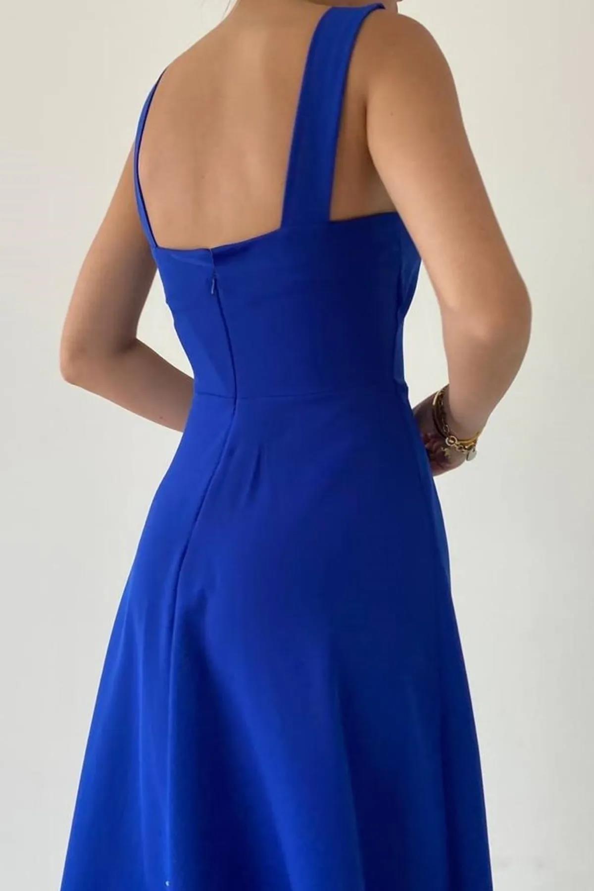 LORA KARE YAKA KALIN ASKI TASARIM MİDİ BOY ELBİSE SAKS