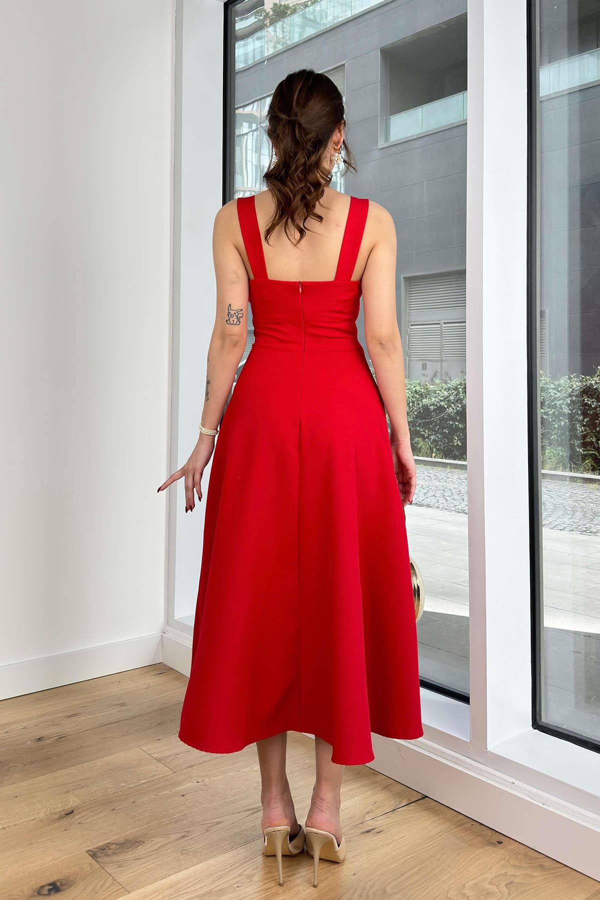 LORA KARE YAKA KALIN ASKI TASARIM MİDİ BOY ELBİSE KIRMIZI