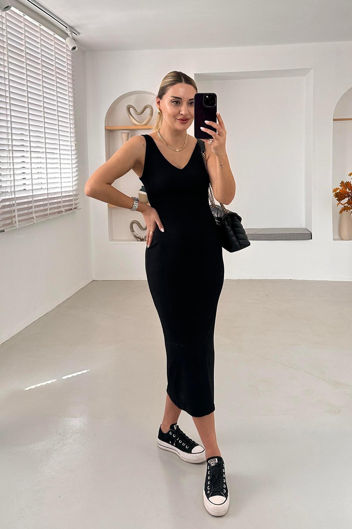 KALIN ASKI ÖNÜ ARKASI V DEKOLTE ELBİSE SİYAH