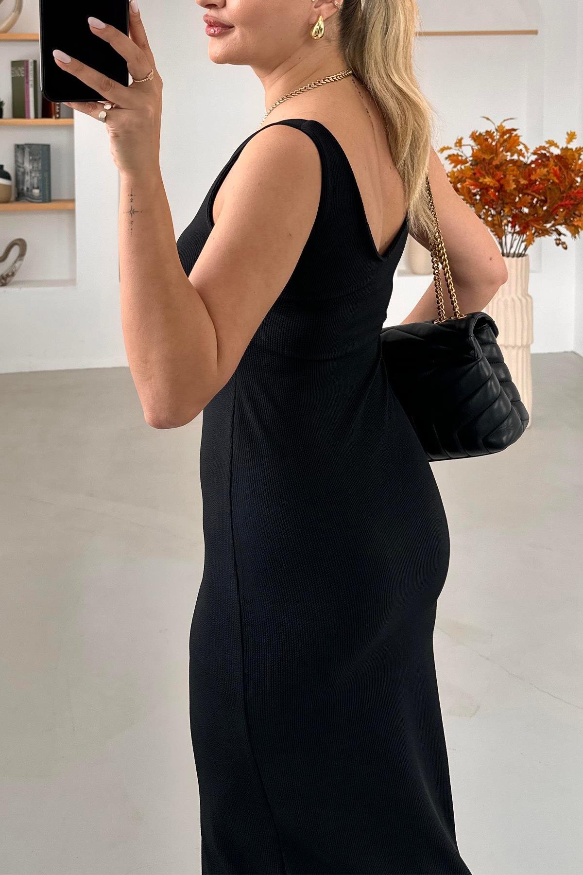 KALIN ASKI ÖNÜ ARKASI V DEKOLTE ELBİSE SİYAH