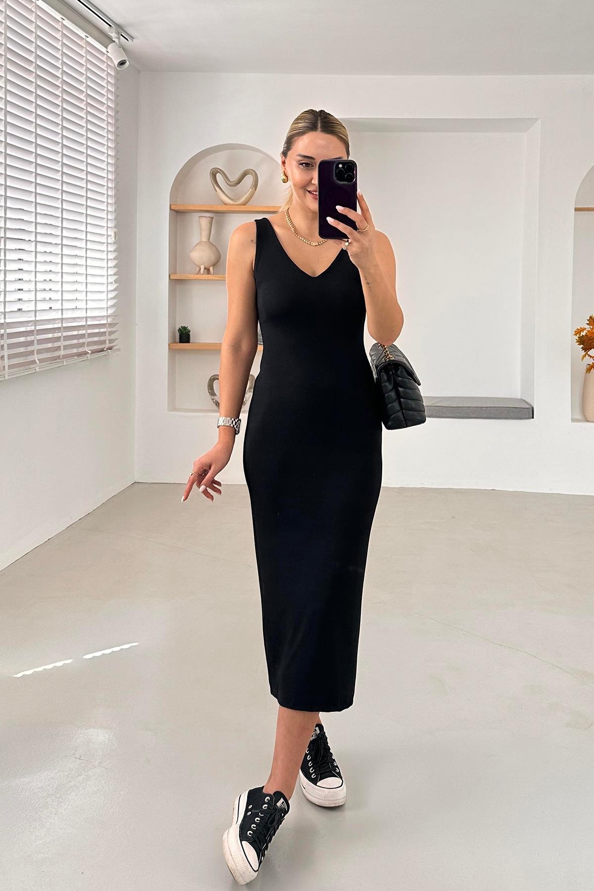 KALIN ASKI ÖNÜ ARKASI V DEKOLTE ELBİSE SİYAH