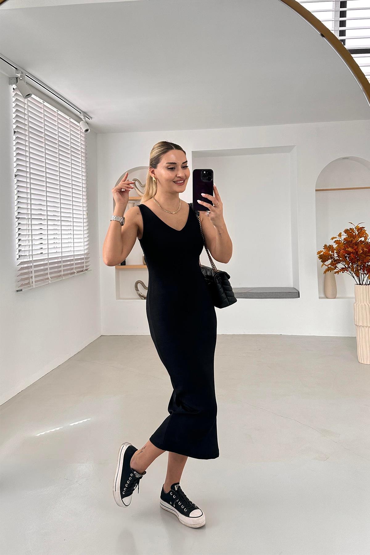 KALIN ASKI ÖNÜ ARKASI V DEKOLTE ELBİSE SİYAH