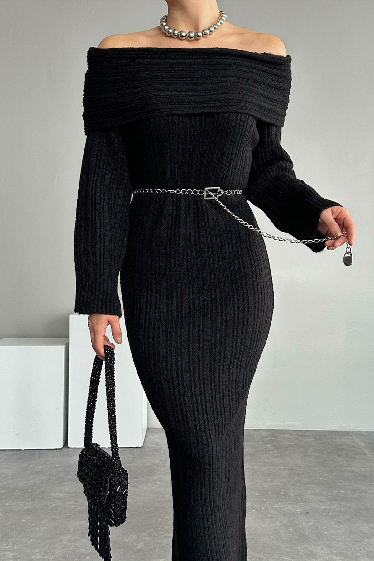 KAYIK YAKA MAXİ BOY TRİKO ELBİSE SİYAH