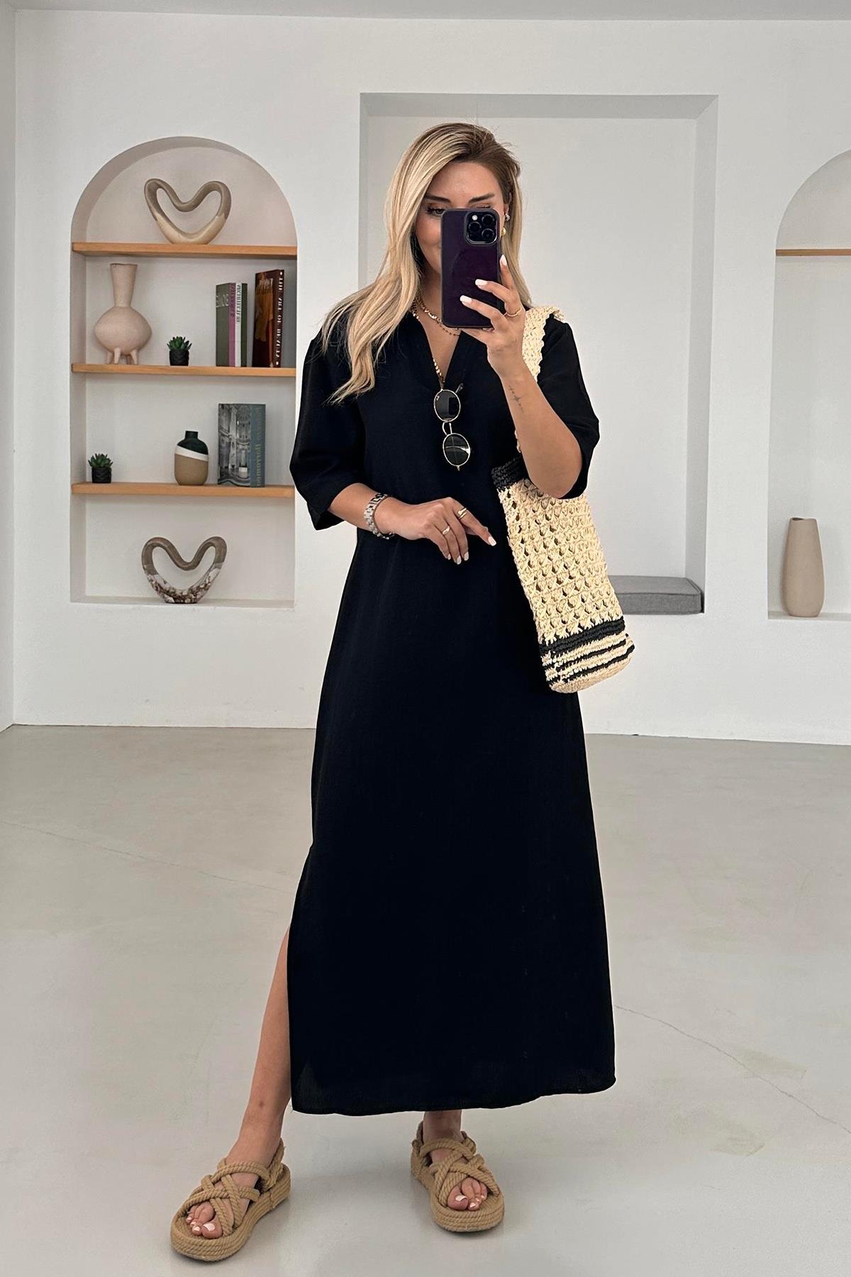 KETEN GÖMLEK ELBİSE SİYAH