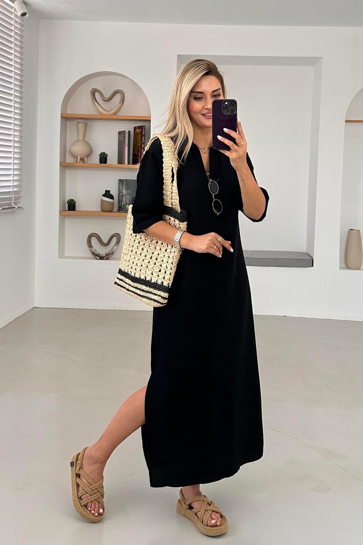 KETEN GÖMLEK ELBİSE SİYAH