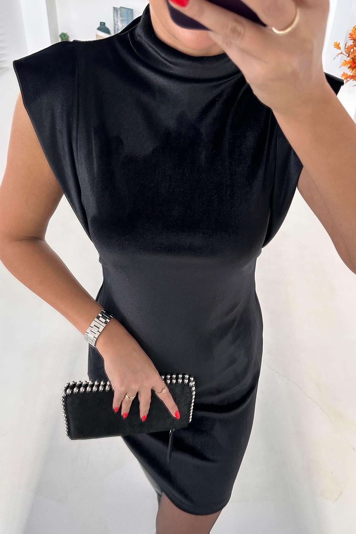 MİNİ KADİFE BOĞAZLI ELBİSE SİYAH