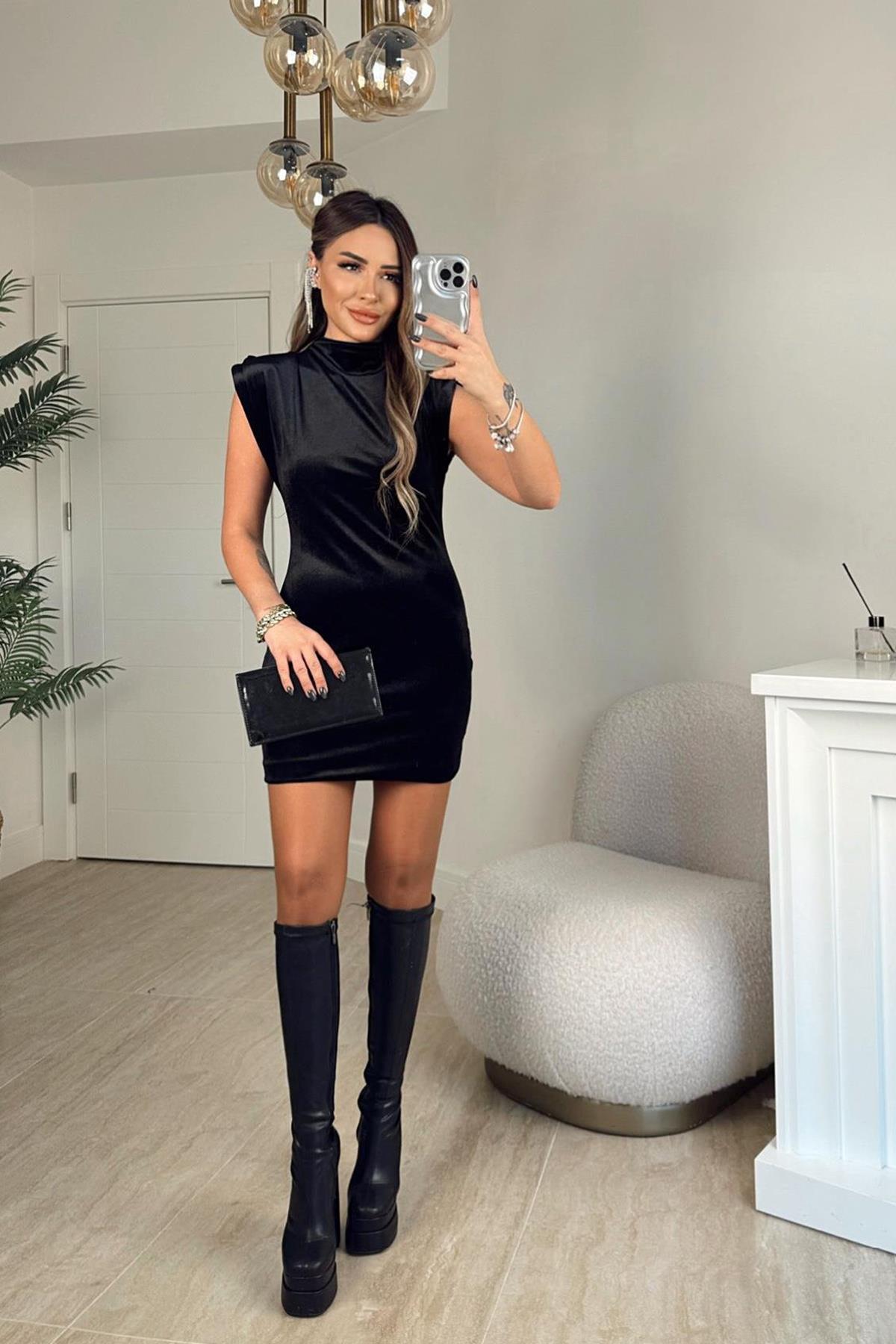 MİNİ KADİFE BOĞAZLI ELBİSE SİYAH