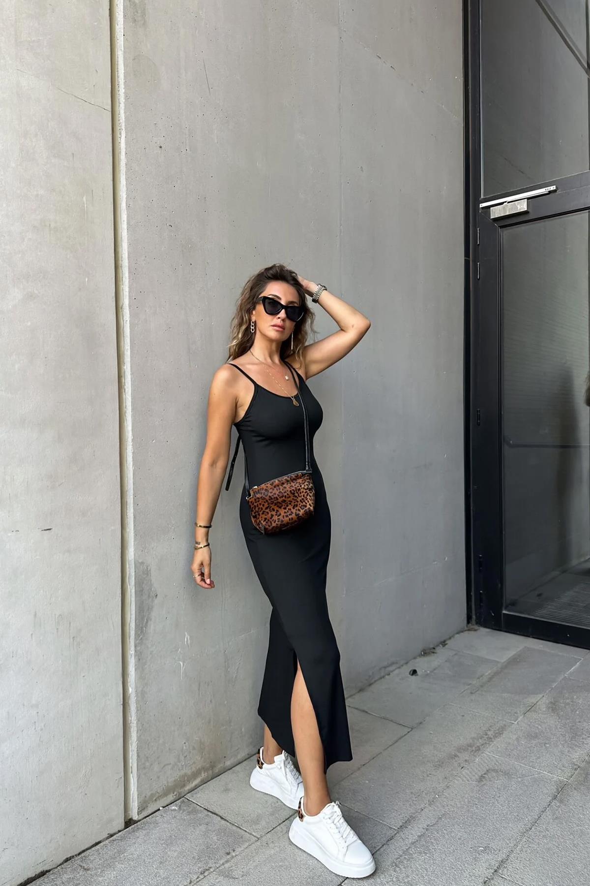 ÖNÜ ARKASI V YAKA ASKILI ELBİSE SİYAH