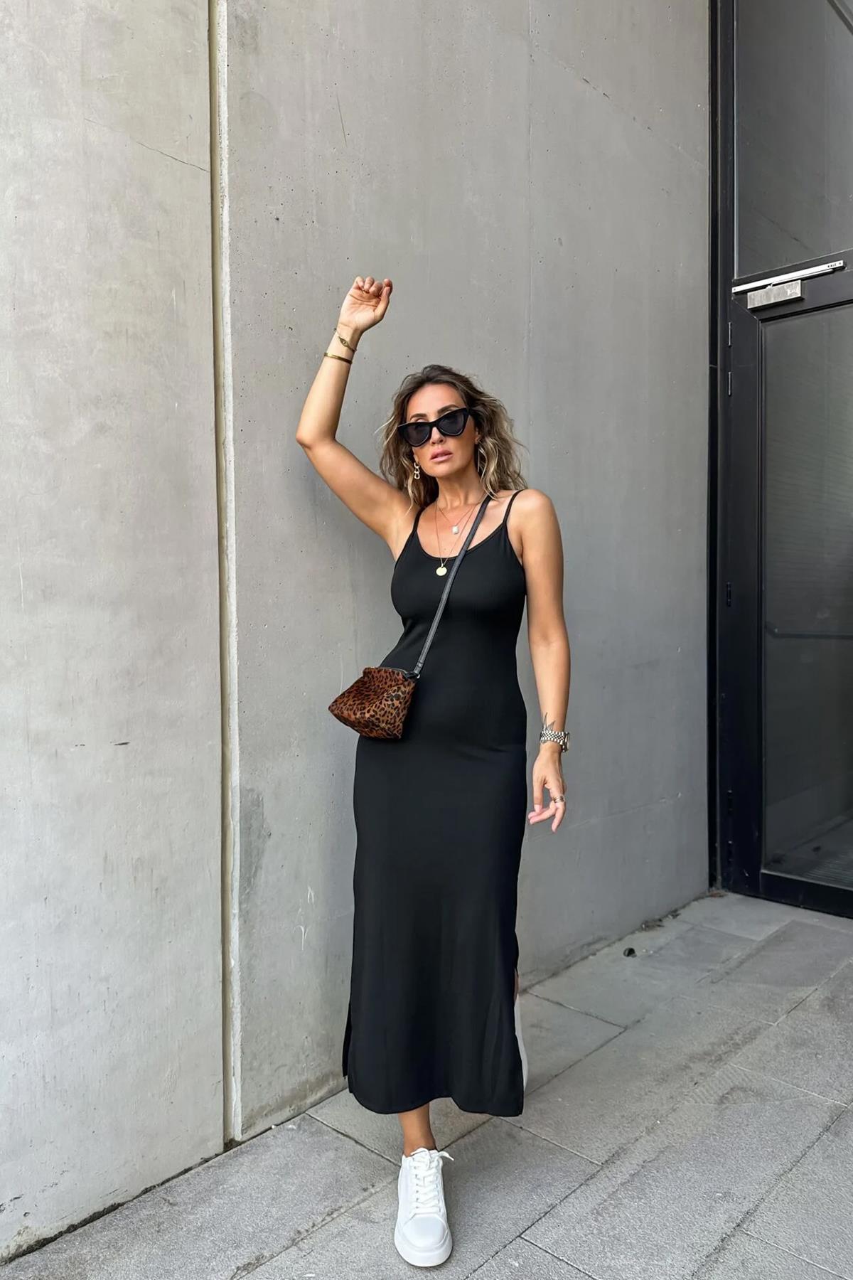 ÖNÜ ARKASI V YAKA ASKILI ELBİSE SİYAH