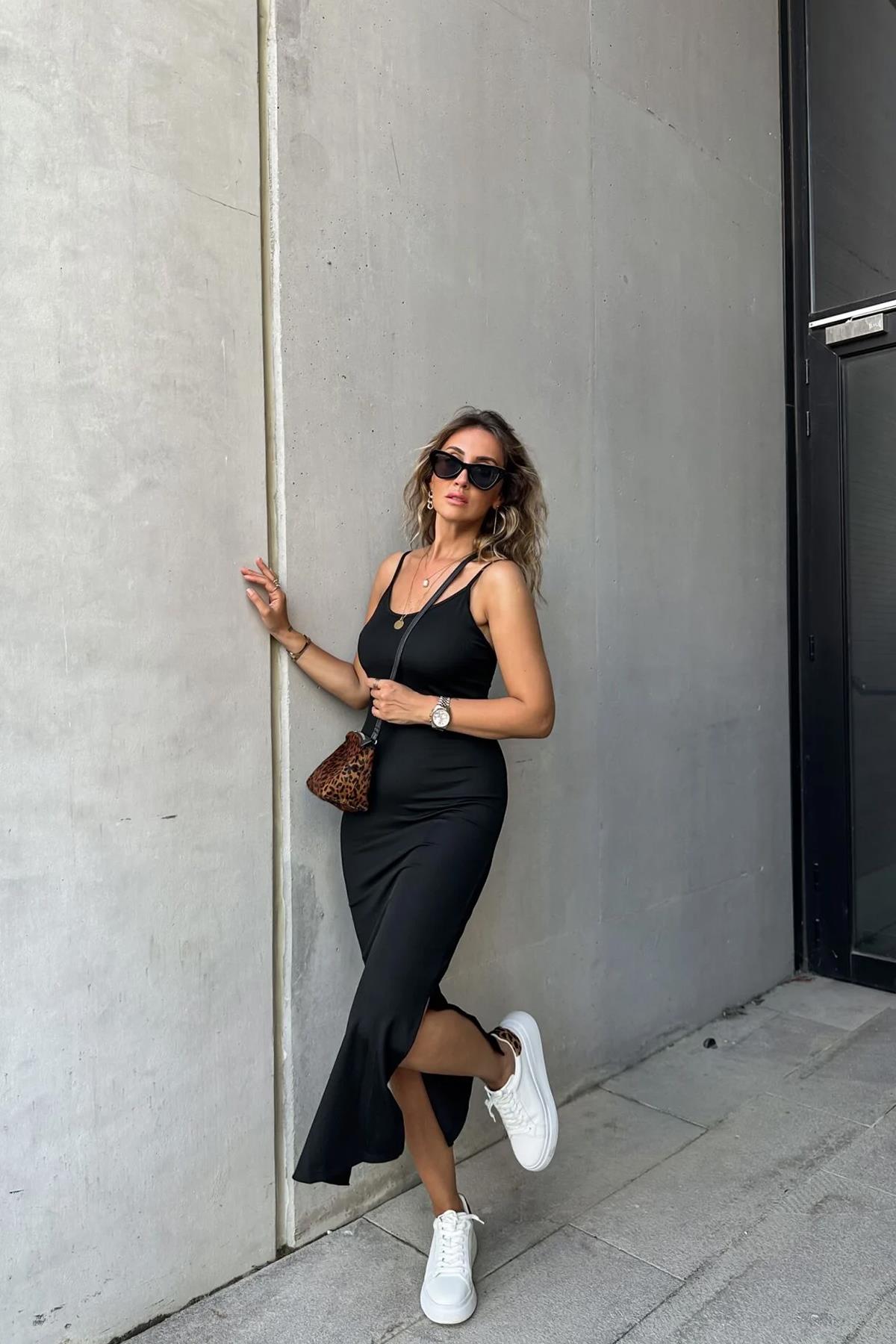 ÖNÜ ARKASI V YAKA ASKILI ELBİSE SİYAH