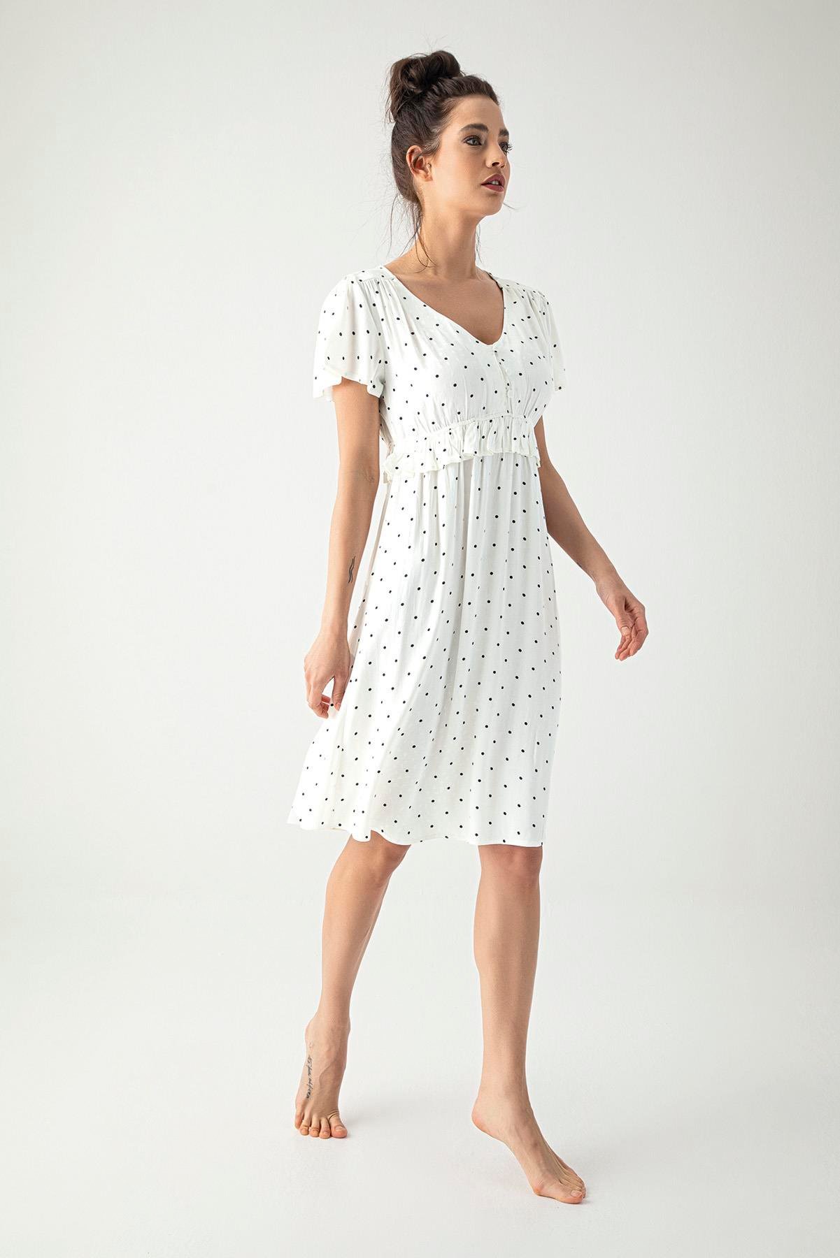 Puantiye Desenli Önü Düğmeli Hamile Lohusa Elbise BEYAZ