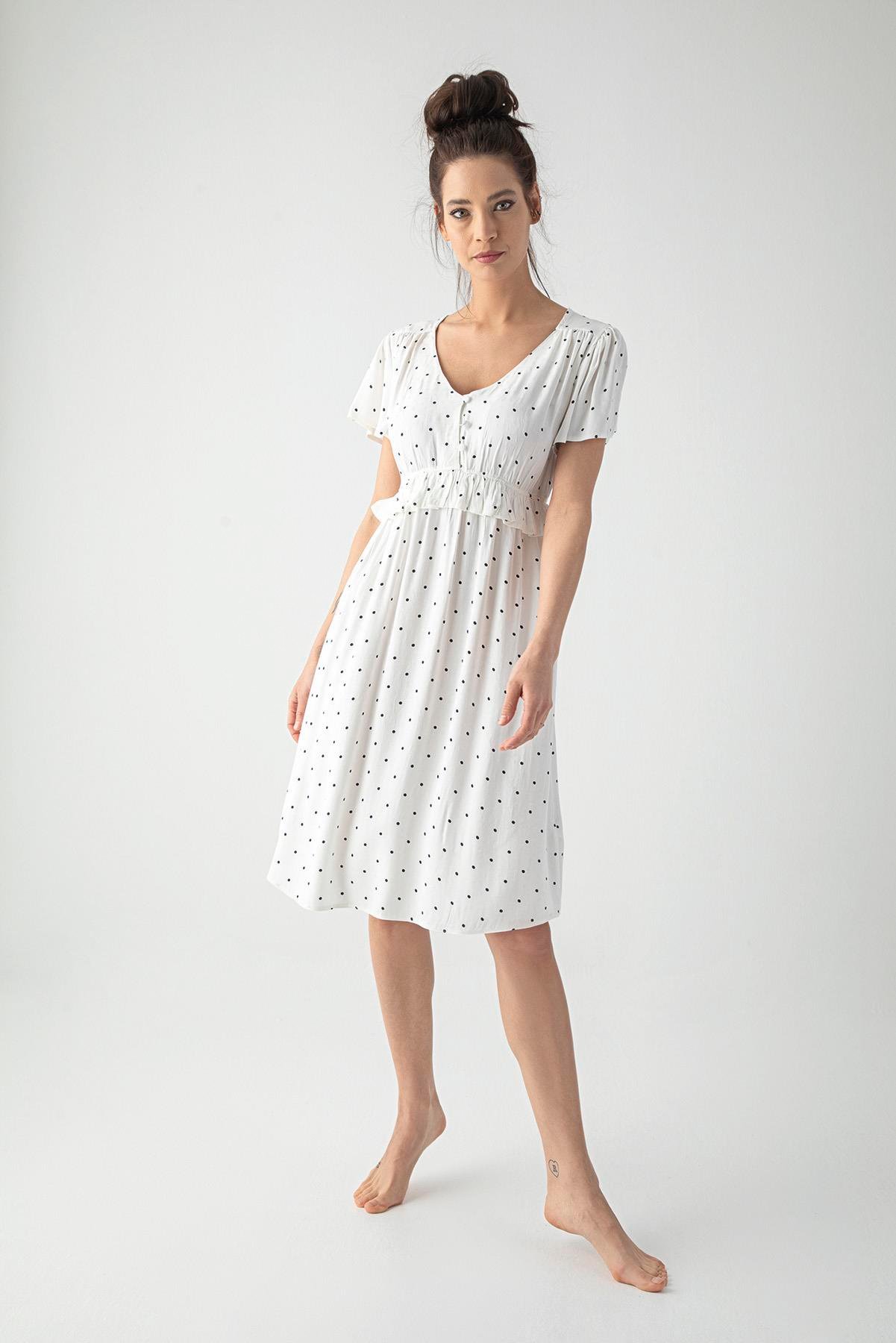 Puantiye Desenli Önü Düğmeli Hamile Lohusa Elbise BEYAZ