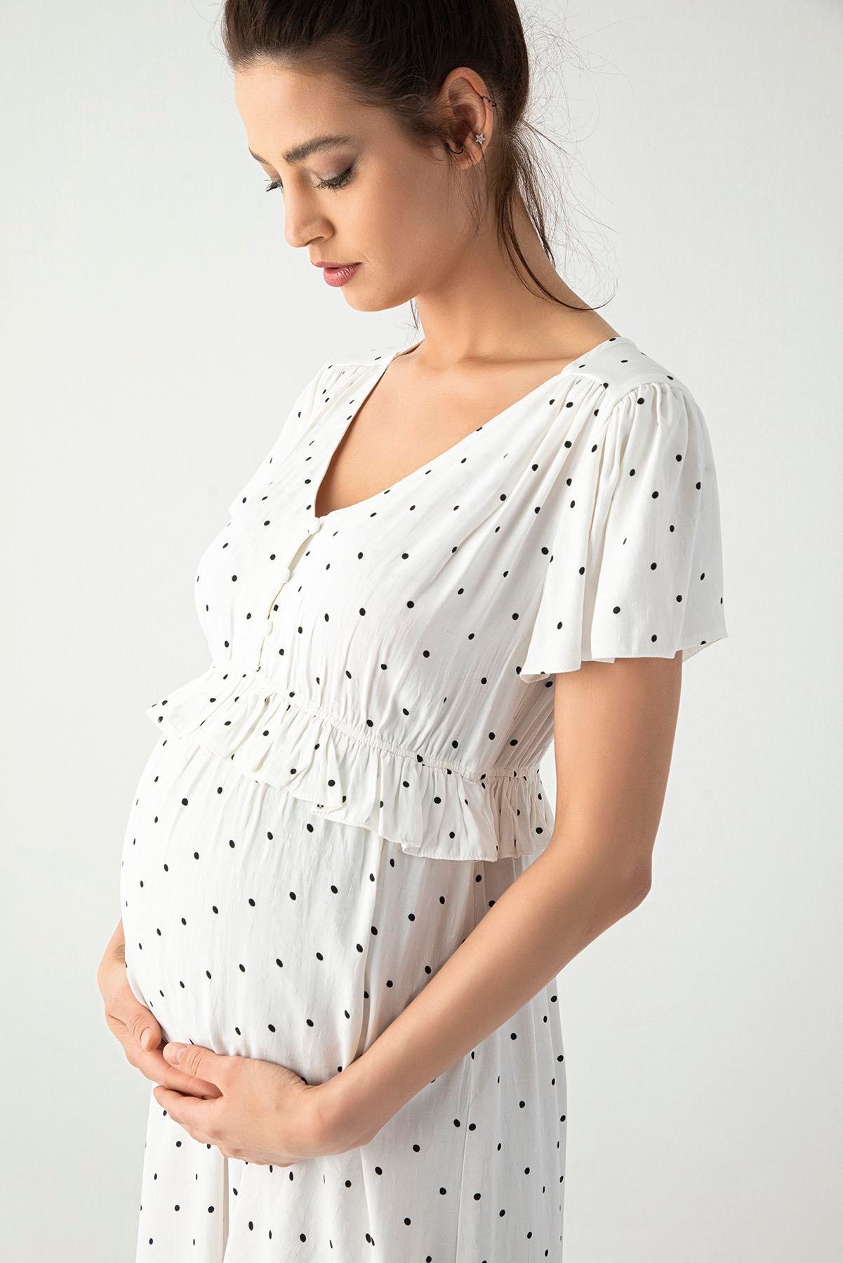 Puantiye Desenli Önü Düğmeli Hamile Lohusa Elbise BEYAZ