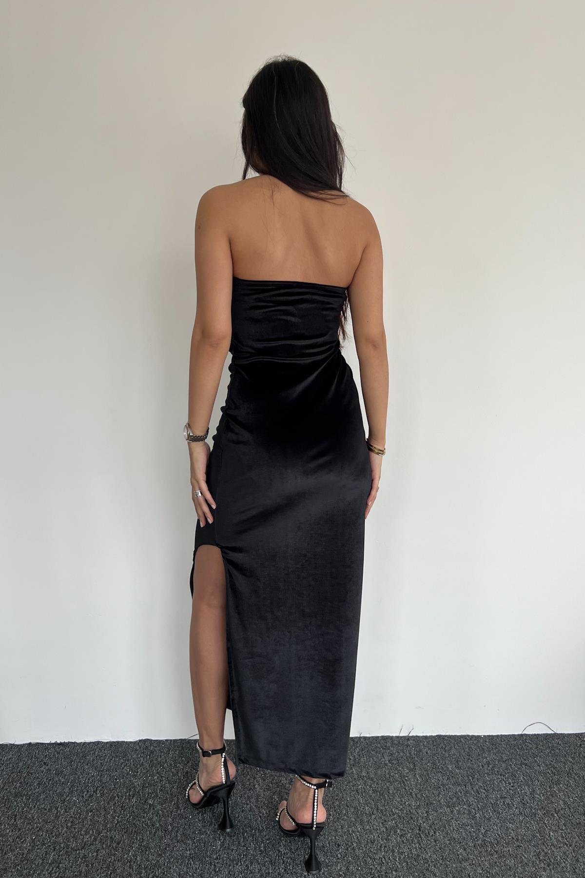 STRAPLEZ KADİFE ELBİSE SİYAH