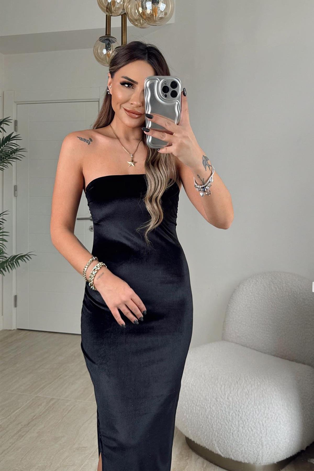 STRAPLEZ KADİFE ELBİSE SİYAH