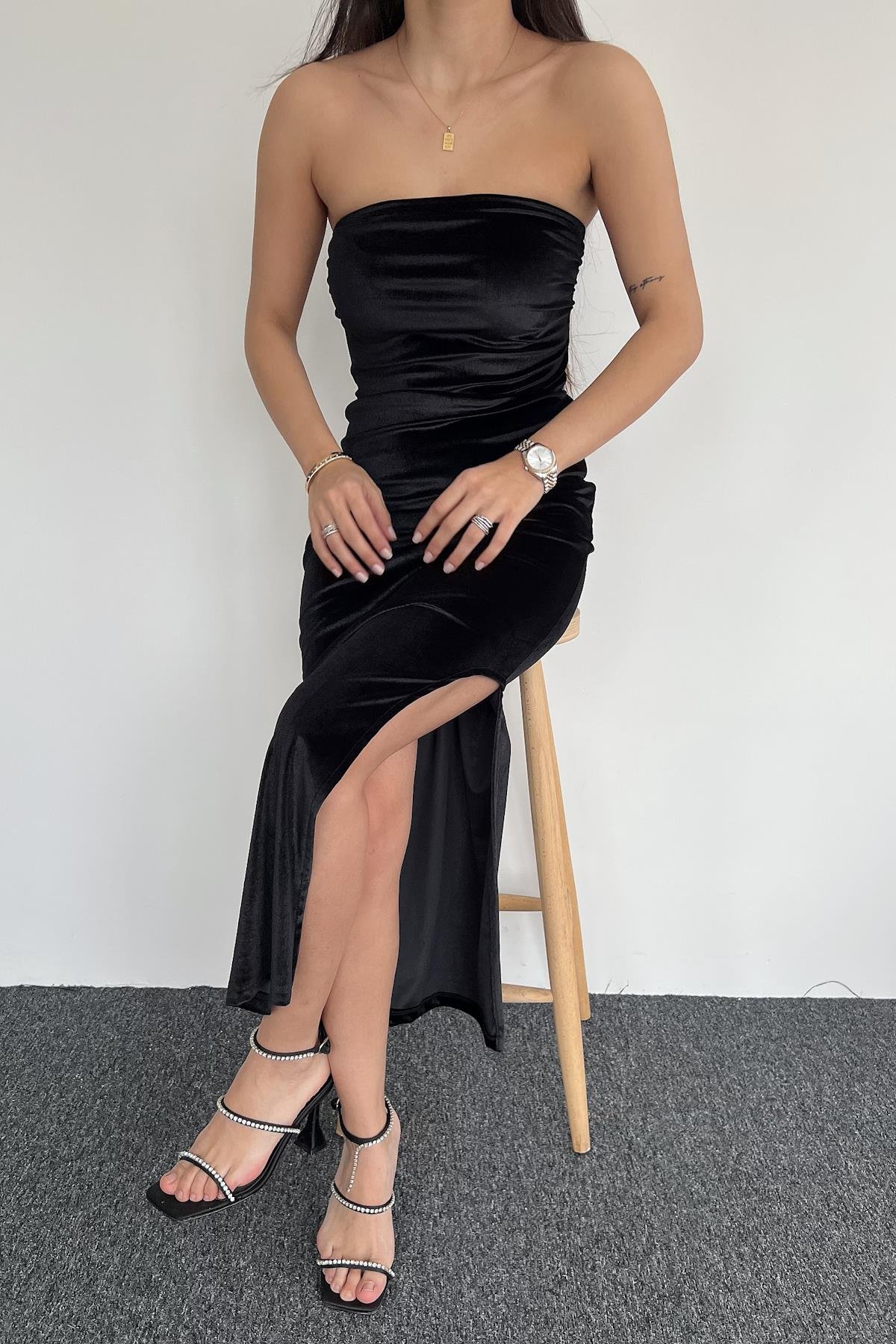 STRAPLEZ KADİFE ELBİSE SİYAH