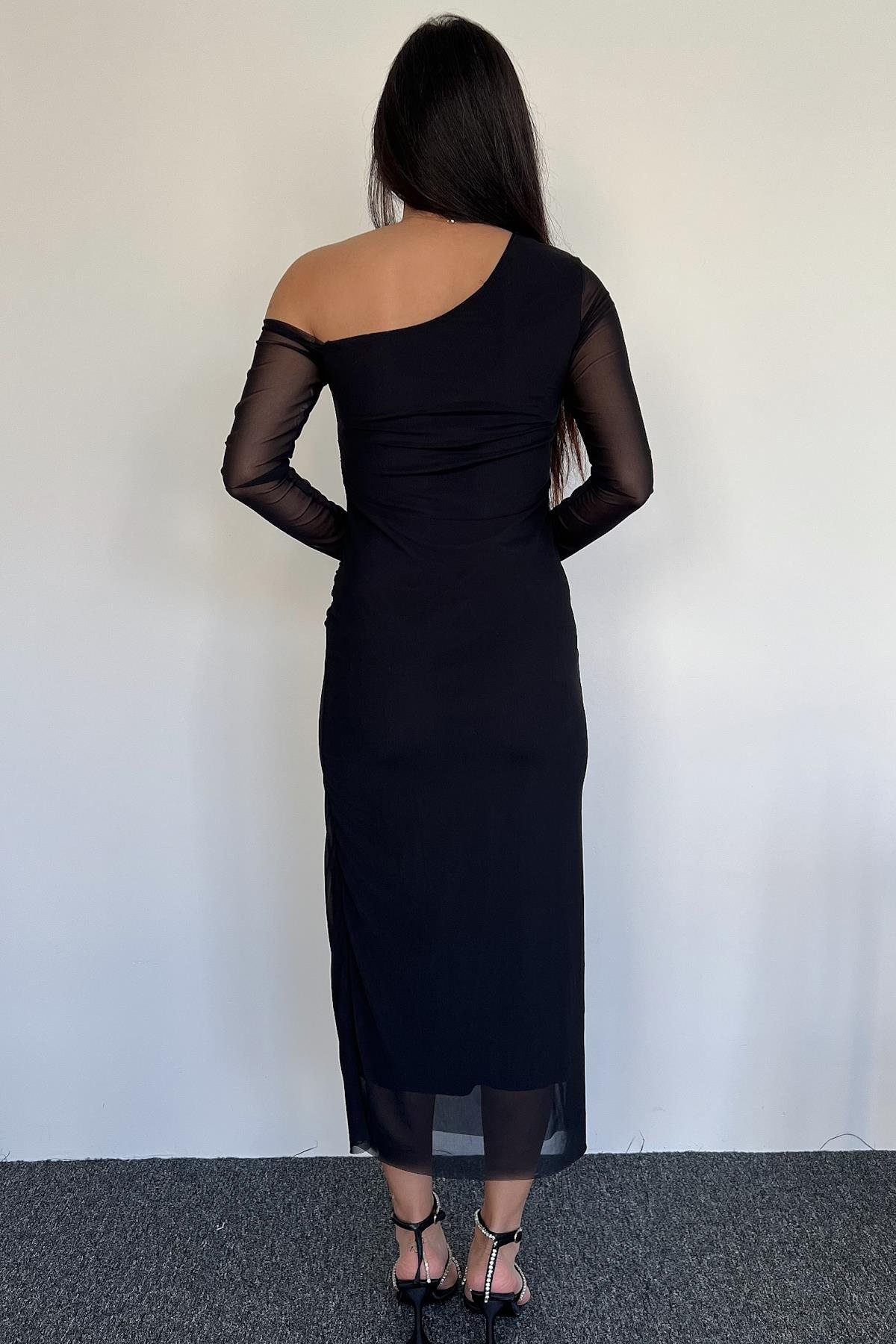 TÜL DETAYLI ELBİSE SİYAH