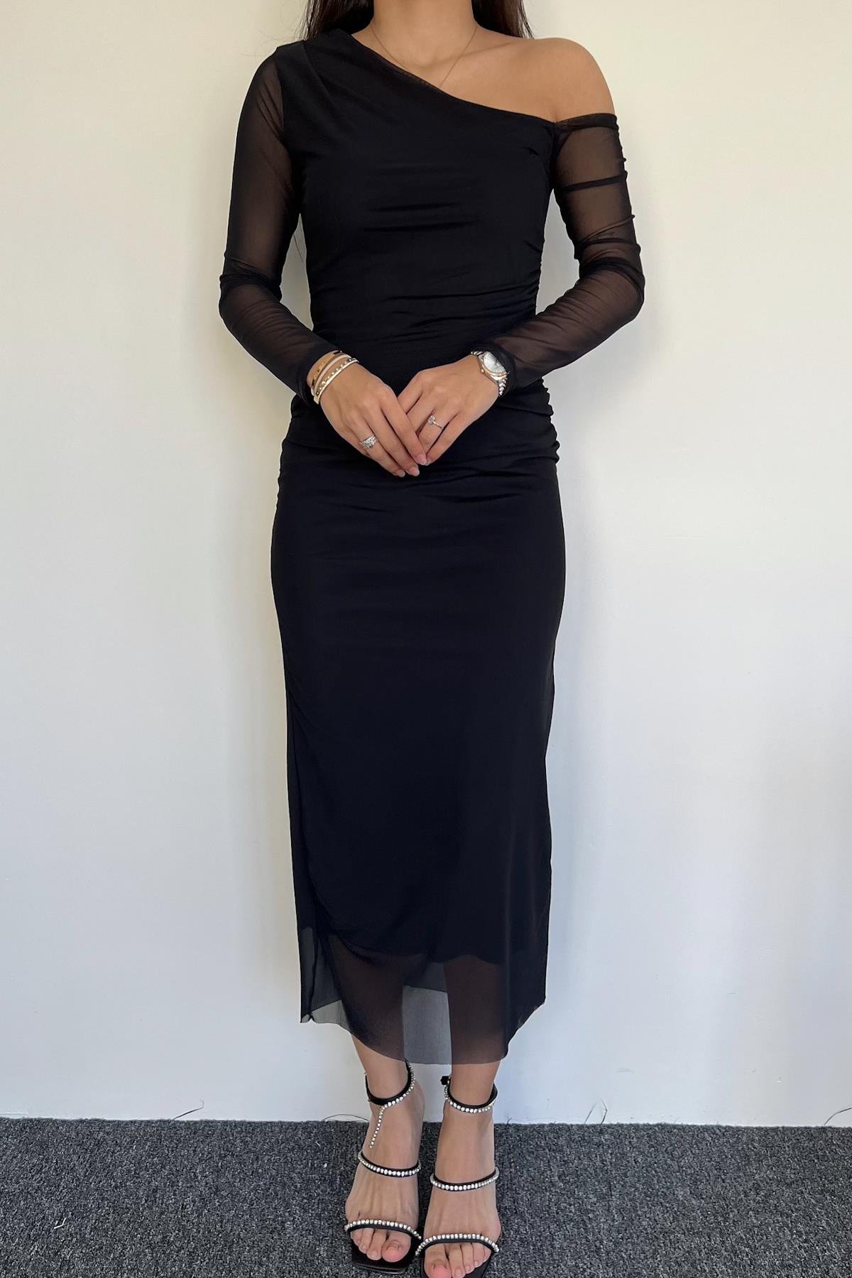 TÜL DETAYLI ELBİSE SİYAH