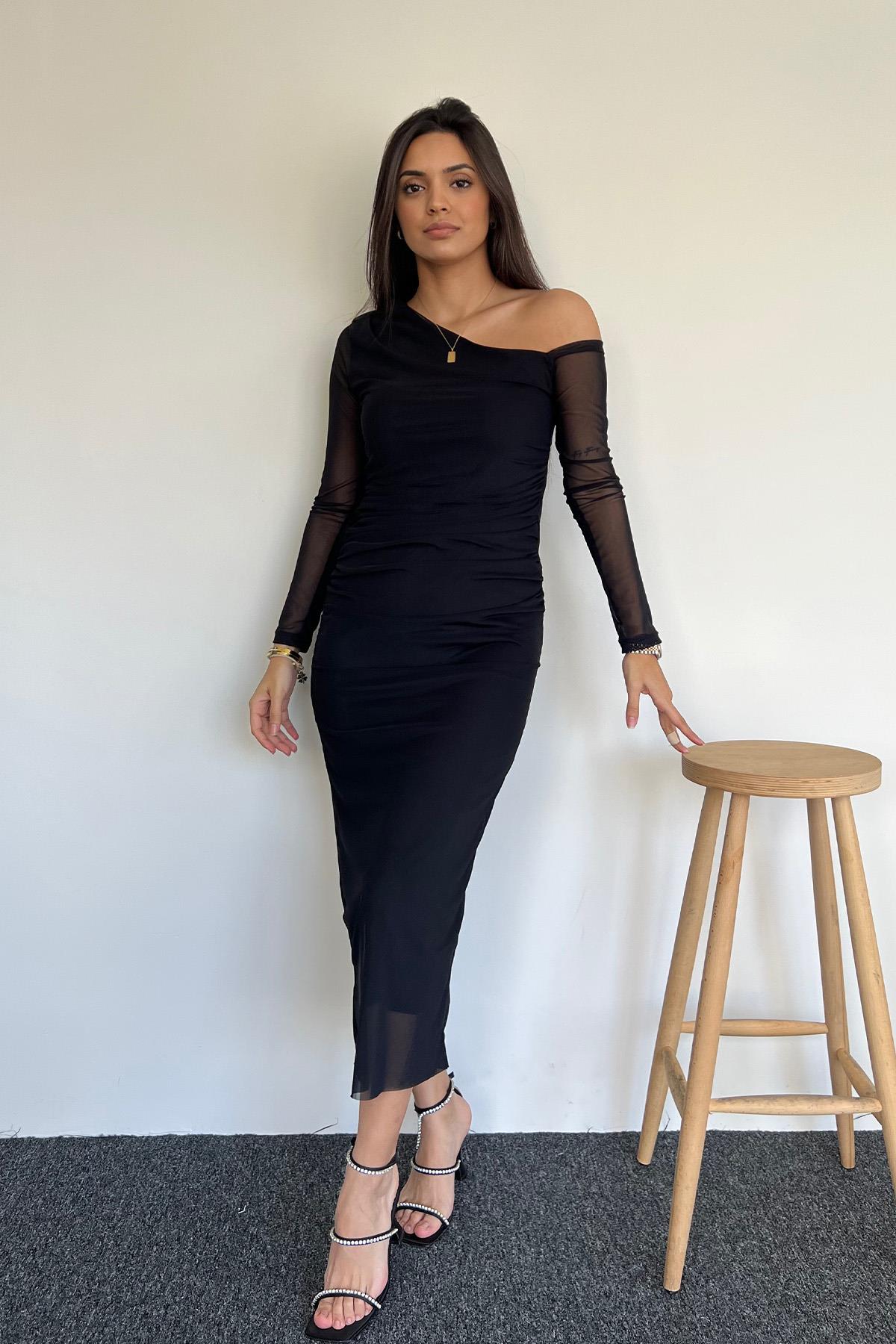 TÜL DETAYLI ELBİSE SİYAH