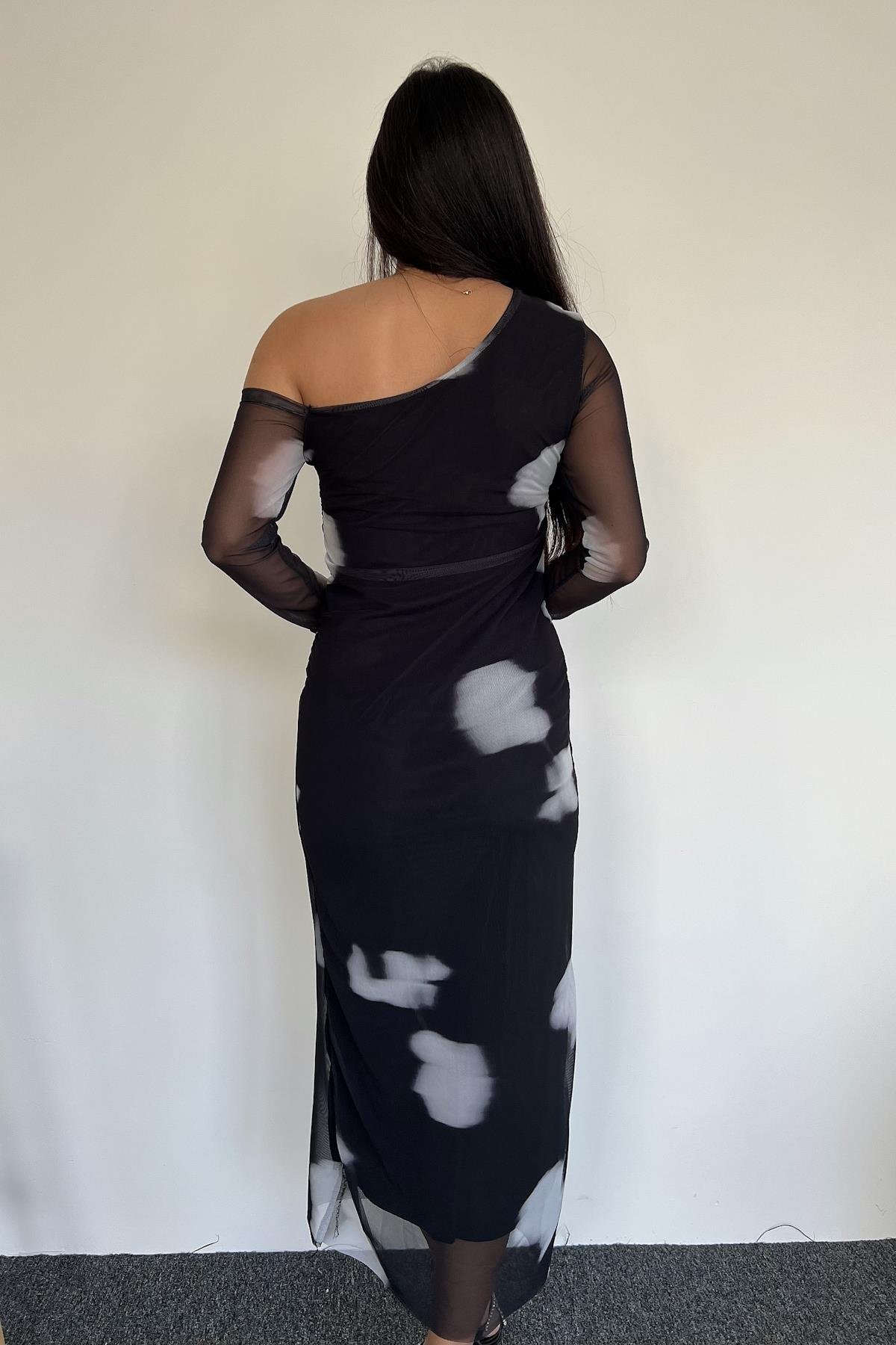 TÜL DETAYLI ELBİSE SİYAH-GRİ