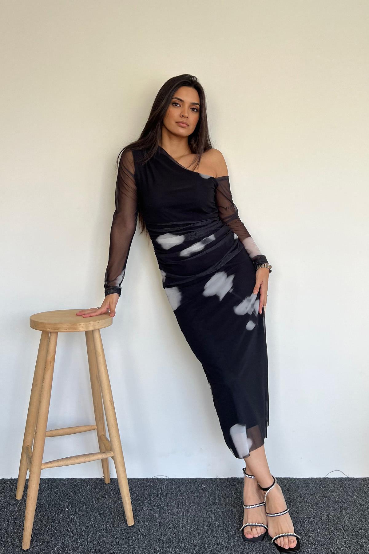 TÜL DETAYLI ELBİSE SİYAH-GRİ