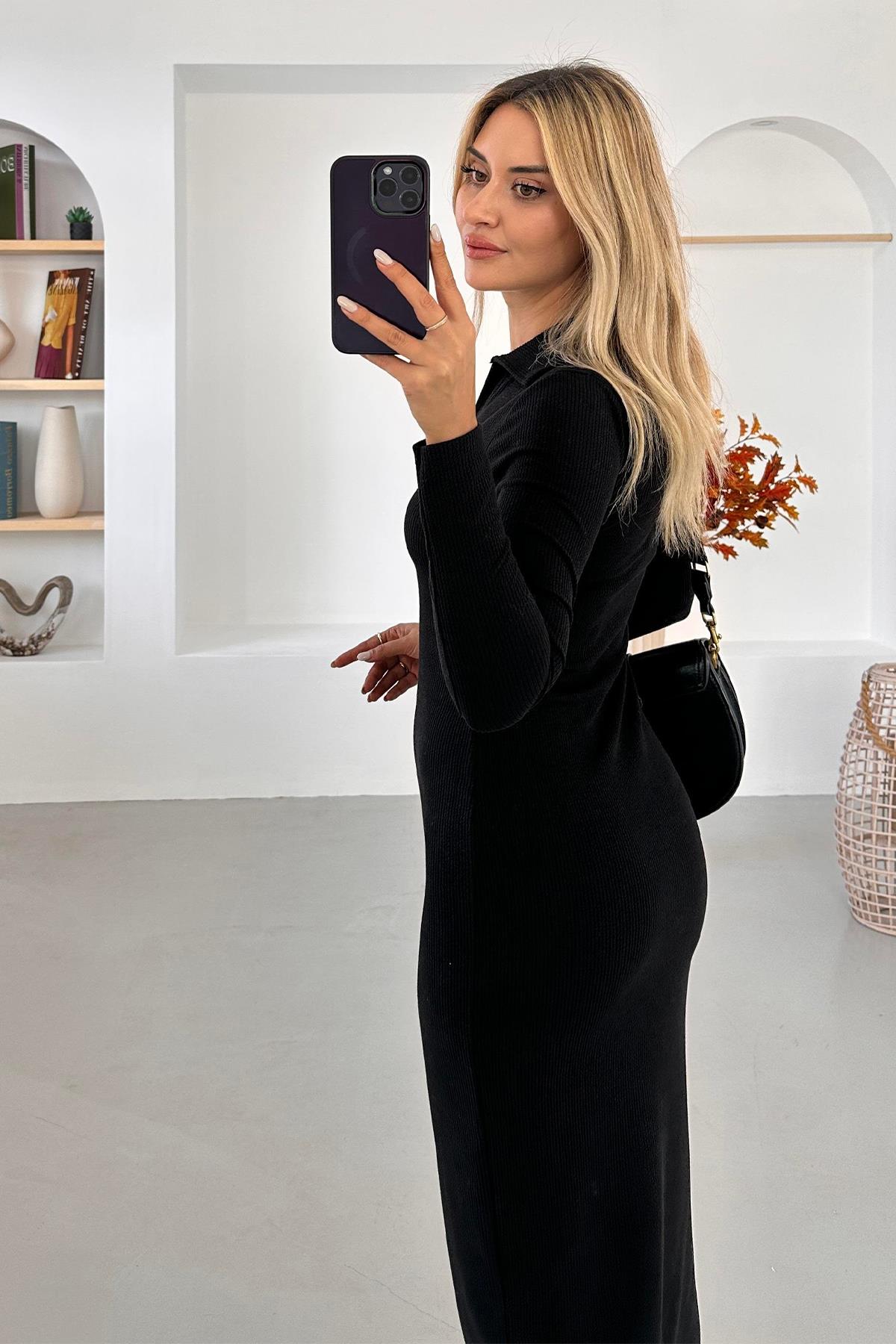 V YAKA ETEĞİ YIRTMAÇLI LİKRALI ELBİSE SİYAH