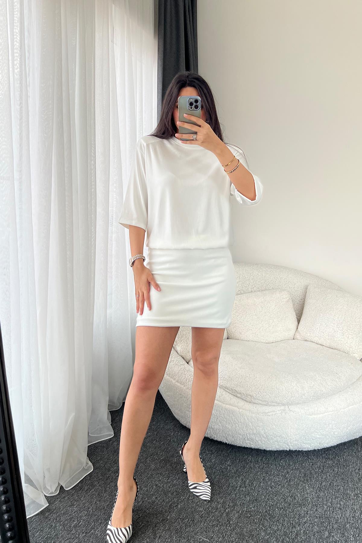 VATKALI MİNİ ELBİSE BEYAZ