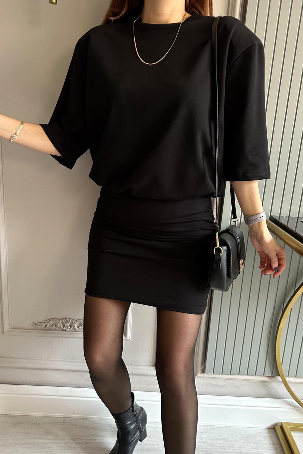 VATKALI MİNİ ELBİSE SİYAH